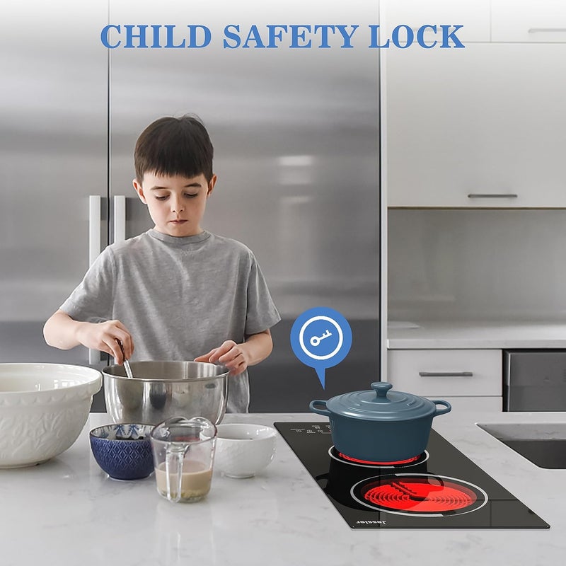Jessier 12 Inch Electric Cooktop - 2 Burner Countertop & Built-in Electric Stove Top, 120V Plug in Electrical Cook Top, Timer, Safety Lock, Over-Temperature Protection, Sensor Touch Control - Image 3